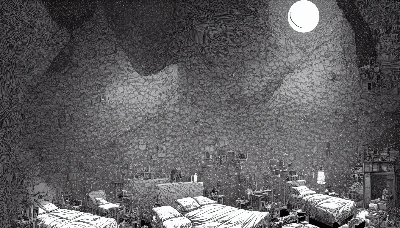 Image similar to bedroom by nicolas delort, moebius, victo ngai, josan gonzalez, kilian eng