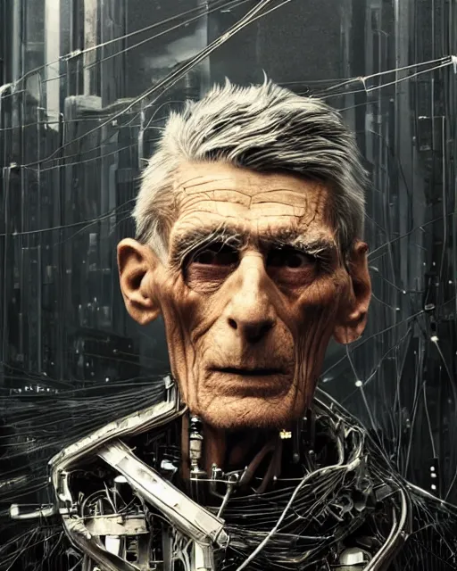 Prompt: samuel beckett!! [ in cyberpunk attire ]!!, made of wires and metallic materials!!, portrait!!, digital art, afrofuturism, tarot card, 4 k, digital art, illustrated by greg rutkowski, max hay, rajmund kanelba, cgsociety contest winner