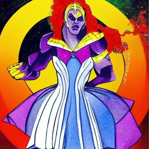 Image similar to thanos in a dress riding down a rainbow