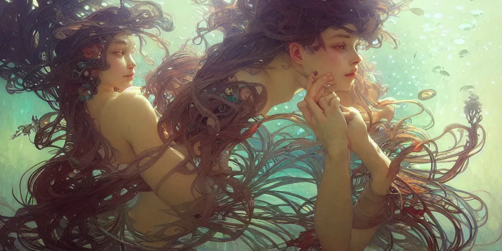 Image similar to a beautiful illustration of underwater life, intricate, sharp focus, illustration, highly detailed, digital painting, concept art, matte, art by wlop and artgerm and greg rutkowski and alphonse mucha, masterpiece