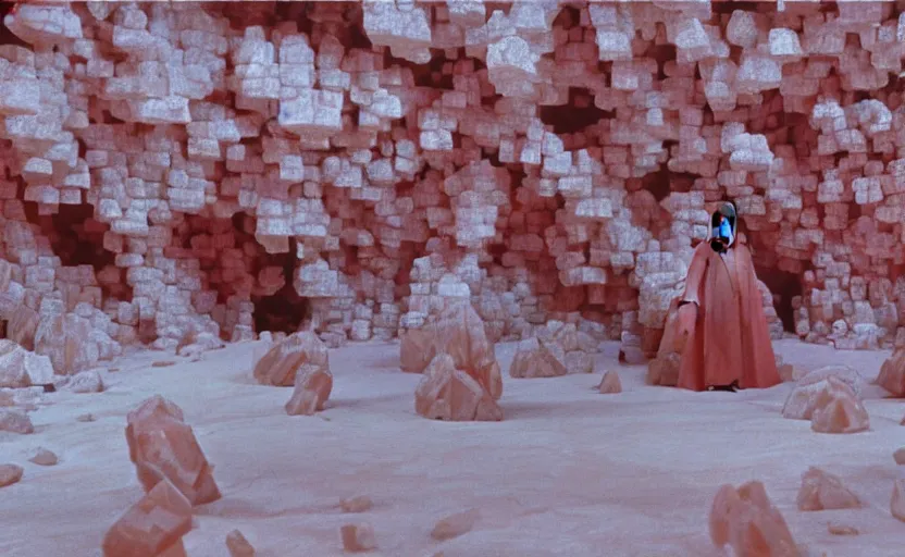Prompt: screenshot of a crystal cave made of red gemstone kyber crystals, master Luke Skywalker stands in the center of the red cave, iconic scene from the 1970s Star Wars film directed by Stanely Kubrick film, color kodak, ektochrome, anamorphic lenses, detailed faces, moody cinematography