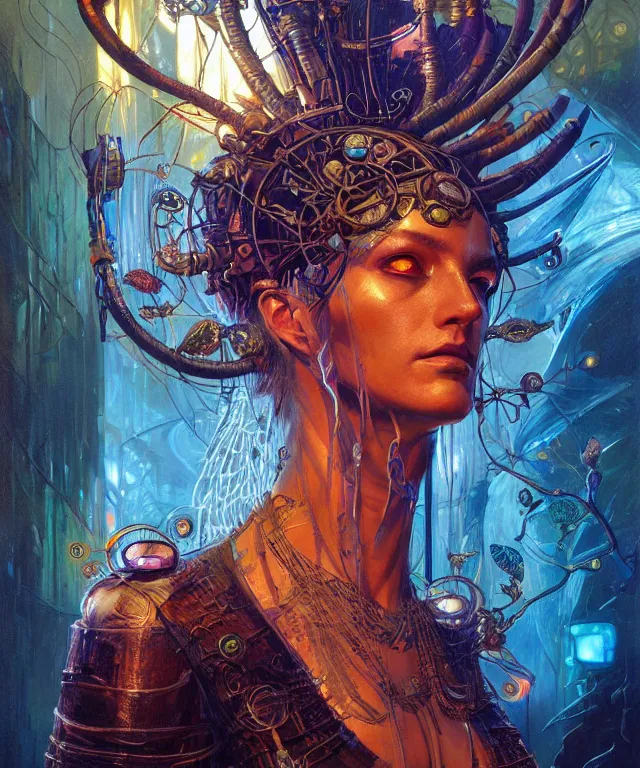 Image similar to a beautiful tarot card artwork of a cyberpunk nature shaman, backlit, highly detailed, digital painting, by karol bak and eddie mendoza and dan mumford and artgerm, vivid colors, masterpiece, detailed shading, 8 k resolution, intricate, smooth