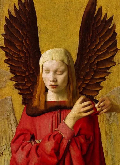 Image similar to Flying Fallen Angel with wings dressed in red, Medieval painting by Jan van Eyck, Johannes Vermeer, Florence