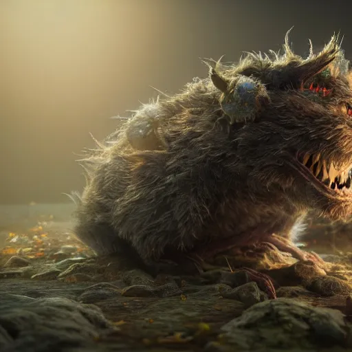 Image similar to full body pose, hyperrealistic photograph of a cute fuzzy goblin monster, dim volumetric lighting, 8 k, octane beautifully detailed render, extremely hyper detailed, intricate, epic composition, cinematic lighting, masterpiece, trending on artstation, very very detailed, stunning, hdr, smooth, sharp focus, high resolution, award, winning photo, dslr, 5 0 mm