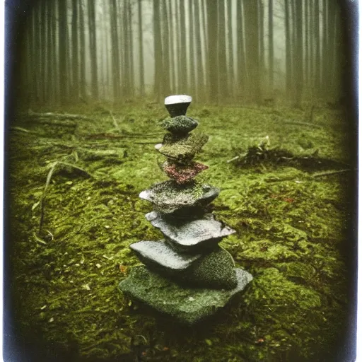 Prompt: a mossy rock pyramid in the middle of a forest clearing, at night, dark, foggy, eerie, creepy, unsettling, lost footage, old polaroid, expired film,