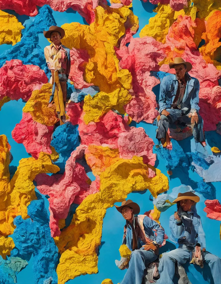 Image similar to a cowboy turning into blooms by slim aarons, by zhang kechun, by lynda benglis. tropical sea slugs, angular sharp tractor tires. complementary bold colors. warm soft volumetric dramatic light. national geographic. 8 k, rendered in octane, smooth gradients. angular sculpture by michelangelo.