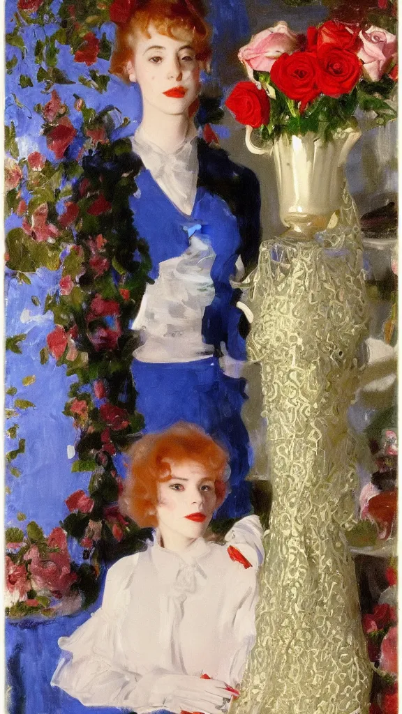 Prompt: clear face of young julee cruise in detailed golden sleeve balloon lace dress beside a pot of red roses set near a persian blue detailed pot by john singer sargent