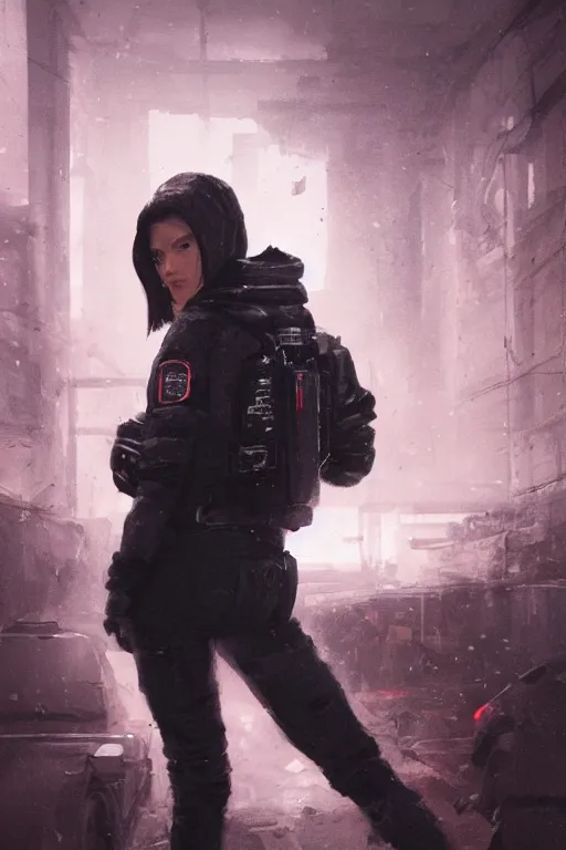 Image similar to A portrait of a women wearing a techwear hoody by Greg Rutkowski, Sung Choi, Mitchell Mohrhauser, Maciej Kuciara, Johnson Ting, Maxim Verehin, Peter Konig, Resident evil , 8k photorealistic, cinematic lighting, HD, high details, dramatic, atmospheric , trending on artstation