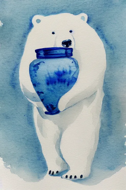 Image similar to a cute anime polar bear in a blue and white porcelain vase, watercolor, white background, lovely