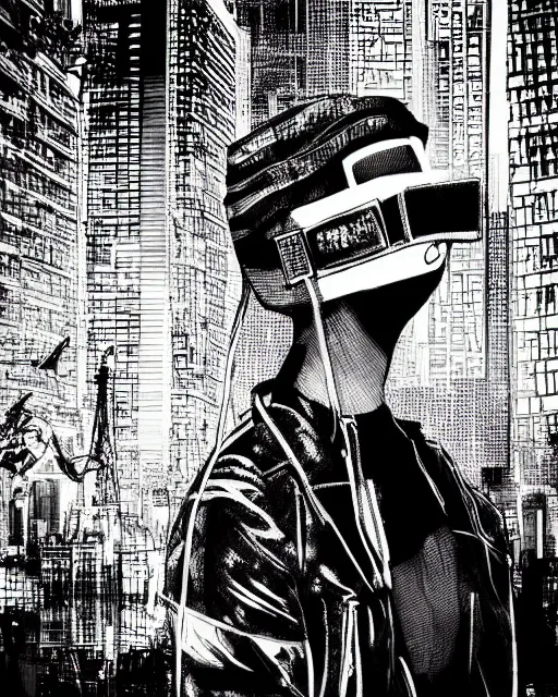 Prompt: cypherpunk fashion illustration, camera face, black and white, manga, city street background with high tall buildings, central park, abstract landscape, highly detailed, finely detailed