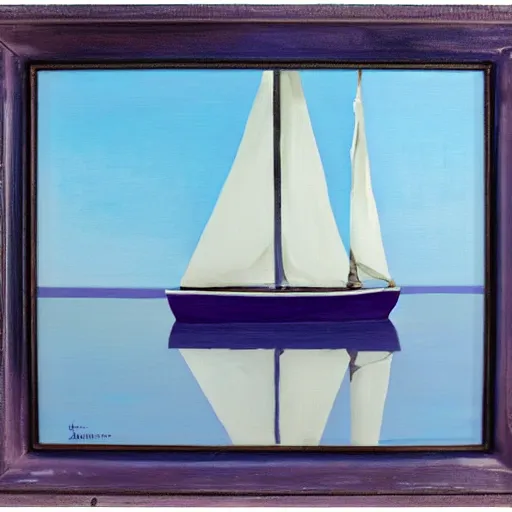 Prompt: white sailboat on a dark purple sea by a port, coherent, oil on canvas, reflection, very far shot, moon