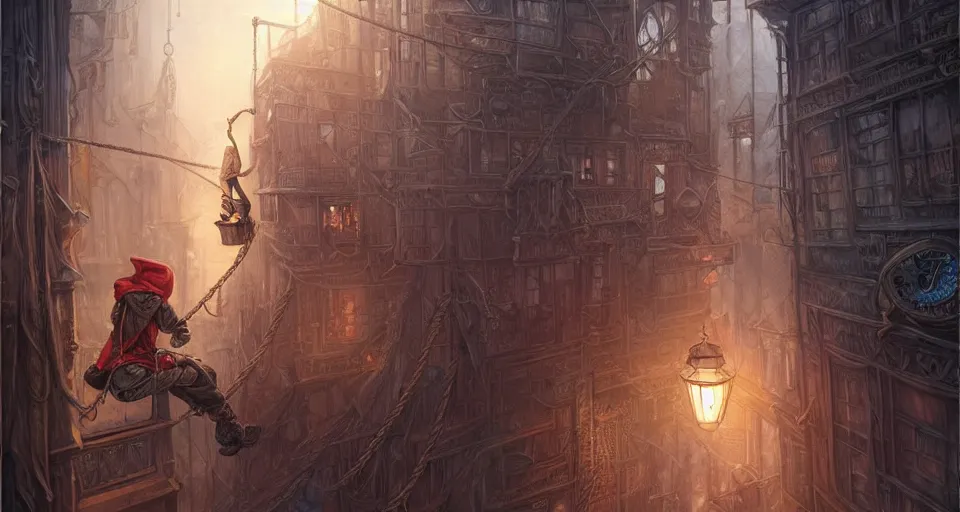 Image similar to landscape painting of a hooded thief in leathers using a rope to climb a tall metal steampunk buildings within a fantasy city which has walkways and lit windows, fine details, magali villeneuve, artgerm, rutkowski