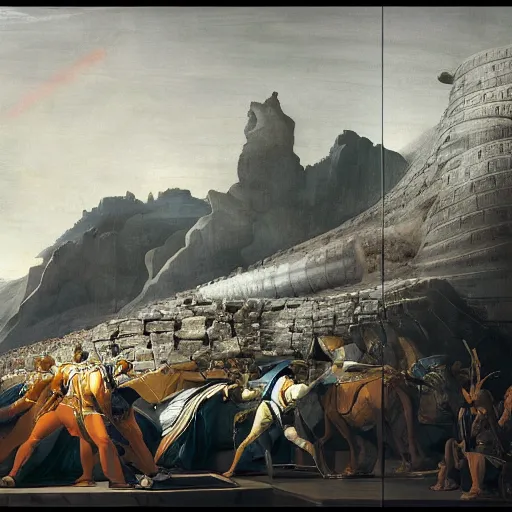 Prompt: sci-fi car and wall structure in the coronation of napoleon painting by Jacques-Louis David in the The Martian film 2011 and point cloud in the middle and everything in form of zaha hadid architects artwork by caravaggio unreal engine 5 keyshot octane lighting ultra high detail ultra hyper realism 8k 16k in plastic dark tilt shift full-length view