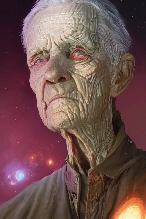 Image similar to the look of an elderly person 4 1 6 0 full of wrinkles and imperfections by artgem and greg rutkowski, highly detailed, high contrast, light reflection, trippy, nebula, trending on artstation