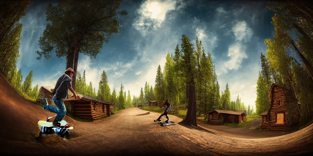 Image similar to a detailed beautiful matte painting of a skateboarder, kick flip, pilgrim village setting, log homes, dirt road, trees by Mikko Lagerstedt and Raphael Lacoste, graffiti by Fintan Magee, fisheye lens,