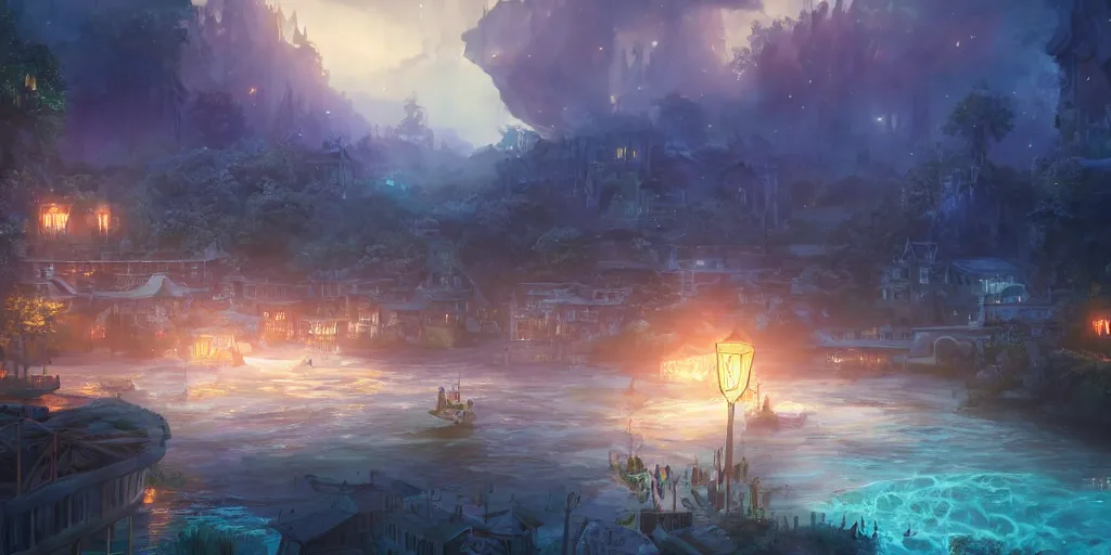 Image similar to beautiful and immersive magical town, magical buildings, bioluminescent forest surrounding, gentle rivers flowing through town, visual novel key visual, award - winning digital art on pixiv, trending on artstation - cinematic lighting, dramatic lighting, stunning and beautiful view - highly detailed, hyperrealistic, unreal engine 5, in the style of kingdom hearts