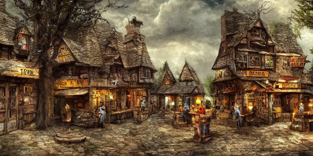 Image similar to walking taverns with clawed feet, exterior landscape shot, tilt-shifted, high quality art, 4k