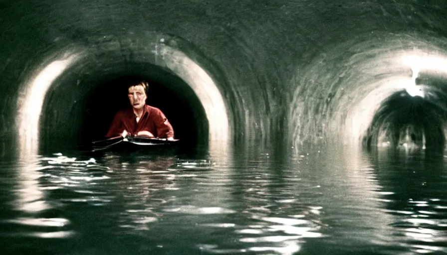 Prompt: 1 9 7 0 movie still of a man in a small boat in a tunnel flooded in blood, eastmancolor, heavy grain, high quality, high detail, refined face