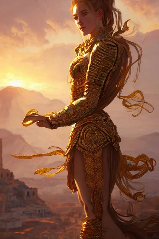 Image similar to portrait knights of zodiac girl, golden and copper shining armor, karate pose, in ruined agora of athens sunrise, ssci - fi and fantasy, intricate and very very beautiful and elegant, highly detailed, digital painting, artstation, concept art, smooth and sharp focus, illustration, art by tian zi and wlop and alphonse mucha