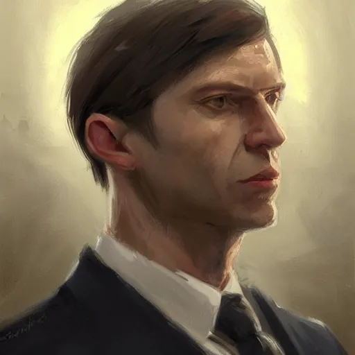 Image similar to Portrait of a man by Greg Rutkowski, he is about 40 years old, mixture between russian and irish, side parted combover brown hair, attractive, NARROW sharp ANGULAR hawkish features, hooked nose , extremely pale white skin, smart looking, he is wearing a black futuristic lawyer outfit, highly detailed portrait, scifi, digital painting, artstation, concept art, smooth, sharp foccus ilustration, Artstation HQ