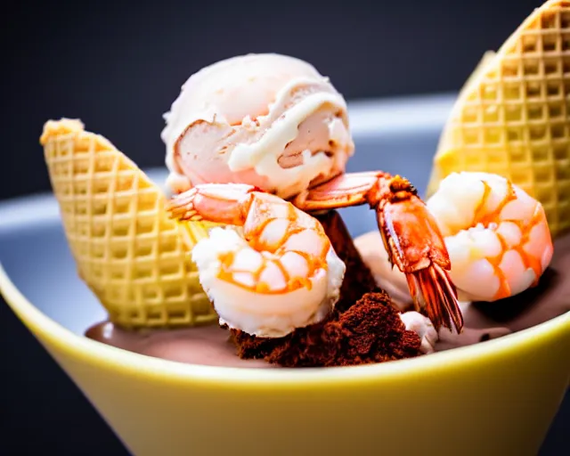 Image similar to dslr food photograph of an ice cream desert with shrimp on. 8 5 mm f 1. 4