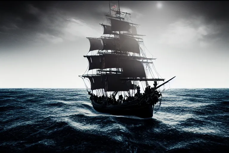 Image similar to the black pearl from pirates of the caribbean sailing across rough and cruel seas, volumetric lighting, f 8 aperture, cinematic eastman 5 3 8 4 film