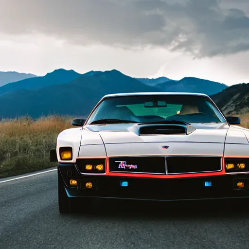 Prompt: black pontiac firebird trans - am driving towards the camera, mountain, valley, breathtaking mountains, lake, dynamic, sunrise, cinematic, motionblur, sunbeams, volumetric lighting, wide shot, low angle, large lightning storm