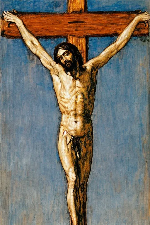 Image similar to jesus christ crucified painted by cy twombly and andy warhol