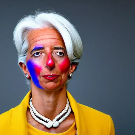 Image similar to Christine Lagarde with colorful clown makeup all over her face