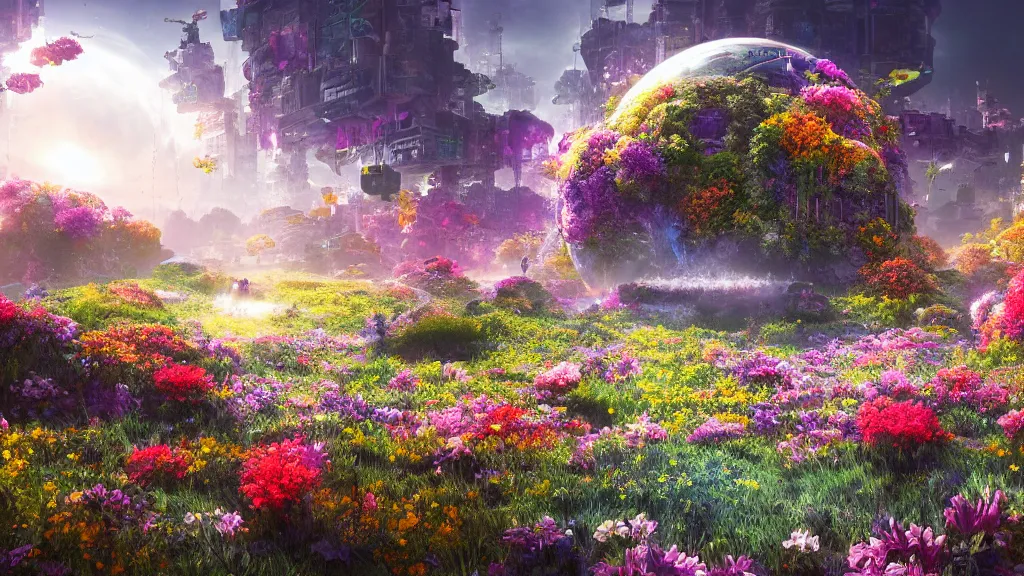 Prompt: a centered render digital materverse utopia, shining its light across a tumultuous sea of flowers, cyber punk, futurism, unreal engine, high detailed, 8 k, magic hour