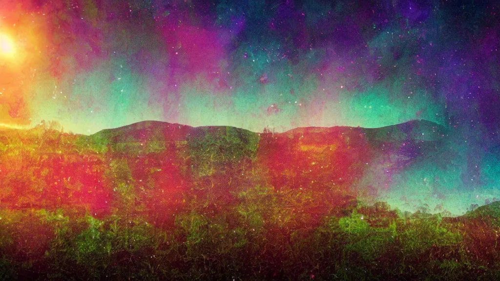 Image similar to double exposure of a beautiful golden hour welsh hill and beautifully enchanted fields, moonlight, aurora borealis, cosmic stars, grainy film, cinematic, haunted psychedelic VHS glitch