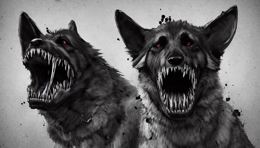 Image similar to zombie german shepherd with sharp teeth, bloody eyes, hyperdetailed, artstation, cgsociety, 8 k