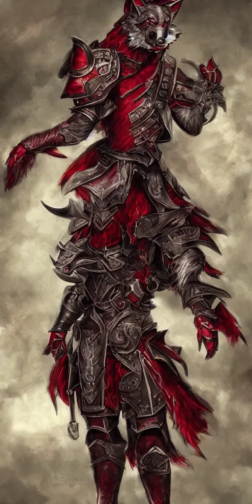 Image similar to beautiful, highly detailed, anthropomorphic elegant crimson wolf knight furry in armor, magic the gathering