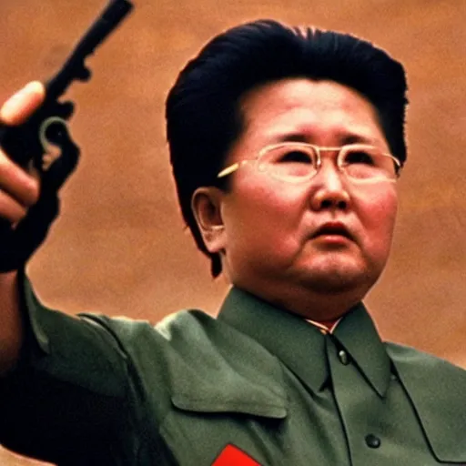 Image similar to Kim Jong-il in the role of Rambo, 35mm filmstill, cinemascope