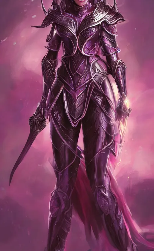 Image similar to a full body portrait of an elven woman with pink skin, and armor fit for a queen, wearing purple headphones, and smiling, dynamic lighting, photorealistic fantasy concept art, trending on art station, stunning visuals, creative, cinematic, ultra detailed