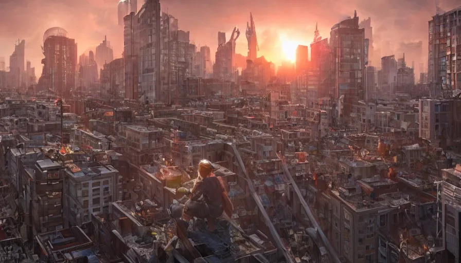 Image similar to people on rooftop looking city collapsing, sunrise, hyperdetailed, artstation, cgsociety, 8 k