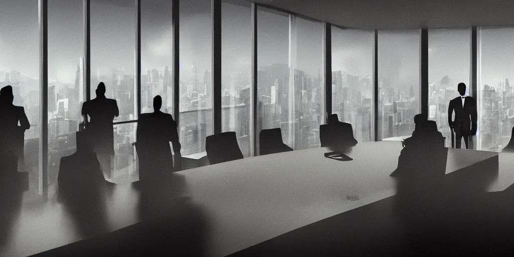 Prompt: cinematic view of orwellian shadow figures arguing at a boardroom table in front of a skyscraper windows by cedric peyravernay, by dave melvin, by jorge jacinto, depth of field, sharp focus, death stranding art style, intricate, high detail, digital art, ultra realistic, cinematic lighting, artstation, 3 5 mm film grain