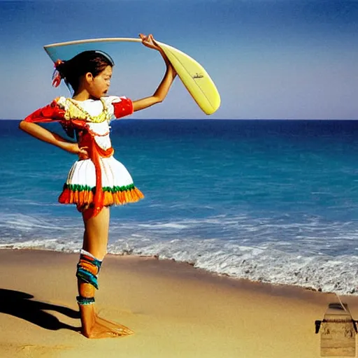 Prompt: The computer art depicts a young girl in a traditional hula outfit. She is standing on a surfboard in front of a beautiful ocean landscape. midday by Tim Walker, by Ed Emshwiller organic