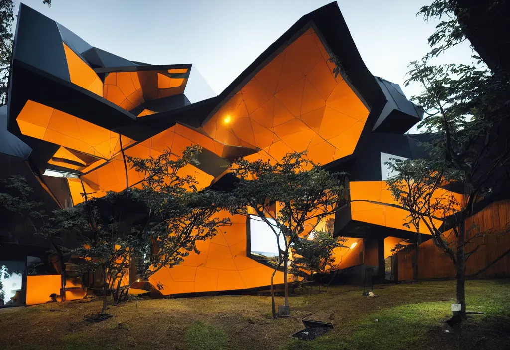 Image similar to photo of the exterior of a futuristic organic japanese house, dramatic lighting, black and orange colour palette, wide angle shot, archviz