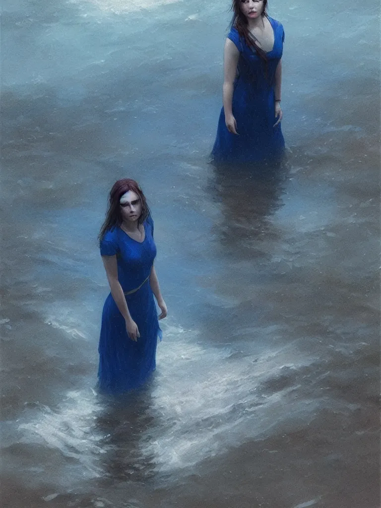 Image similar to a vintage photo of one sad female standing in the river, gloomy, strong subsurface scattering, cobalt blue gemstones floating in the river, art by greg rutkowski