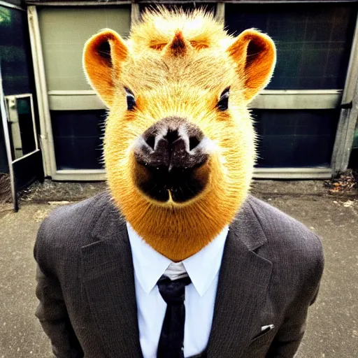 Image similar to capybara head, a man wearing a suit capybara head