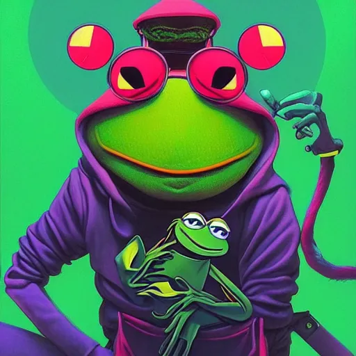 Prompt: furry kermit the frog cyberpunk portrait by gaston bussierre and charles vess and james jean and erik jones and rhads, inspired by rick and morty, epic, funny, huge scale, beautiful fine face features, intricate high details, sharp, ultradetailed