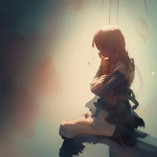 Image similar to a cute girl with long hair crying, cinematic lighting, dramatic atmosphere, artwork by dustin nguyen, akihiko yoshida, greg tocchini, greg rutkowski, cliff chiang, 4 k resolution, trending on artstation