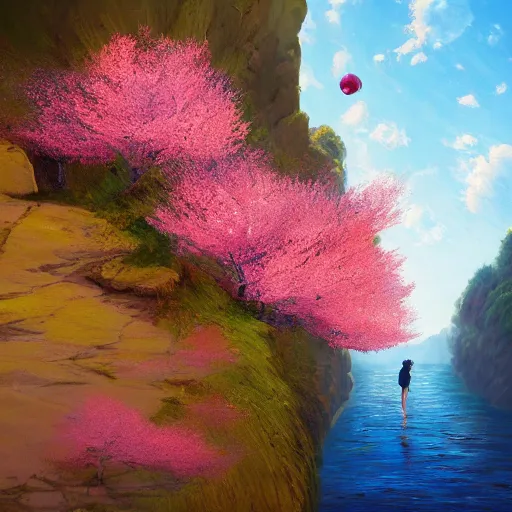 Image similar to giant cherry blossom flower as a head, girl walking in a canyon, surreal photography, sunrise, dramatic light, impressionist painting, colorful clouds, digital painting, artstation, simon stalenhag