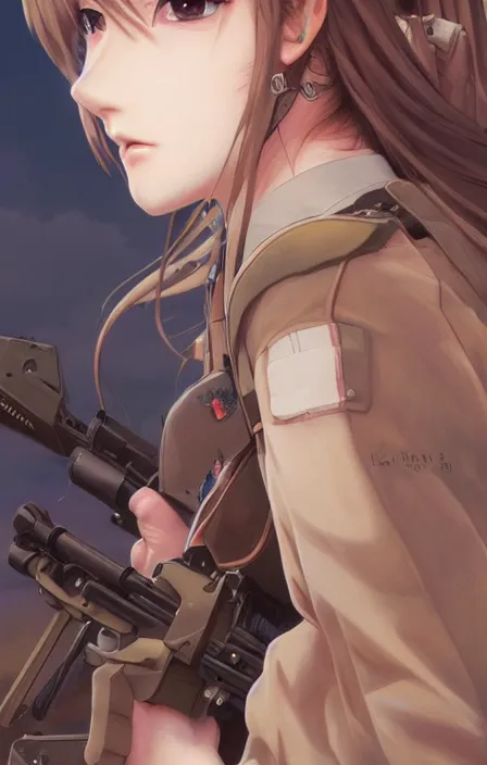 Image similar to infantry girl, anime style, long hair, hair down, symmetrical facial features, shot wounds, phone wallpaper, from girls frontline, hyper realistic, pale skin, rule of thirds, extreme detail, detailed drawing, trending artstation, hd, war action, trading card, by alphonse mucha, greg rutkowski, backlit