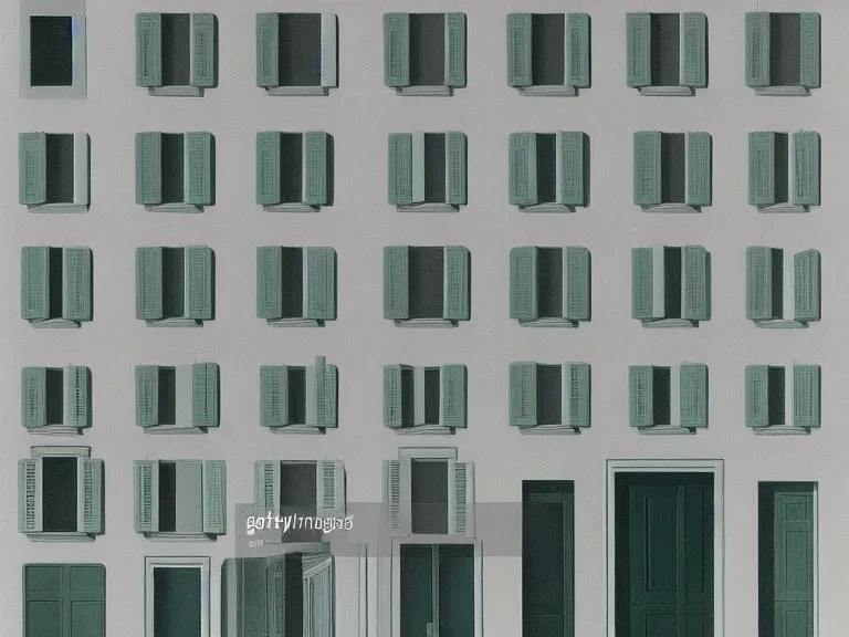 Image similar to endless buildings blending into doors painting by rene magritte, high detail, high resolution