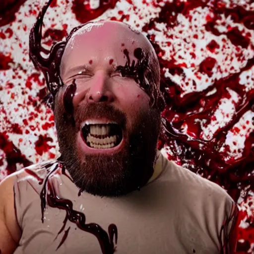 Prompt: a realistic wide shot photograph of Alex Jones with a beard screaming maniacally live on infowars with his shirt off covered in chocolate syrup, whipped cream with a cherry on head holding giant slabs of raw meat