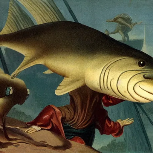 Image similar to siorac en perigors is being attacked by a giant catfish