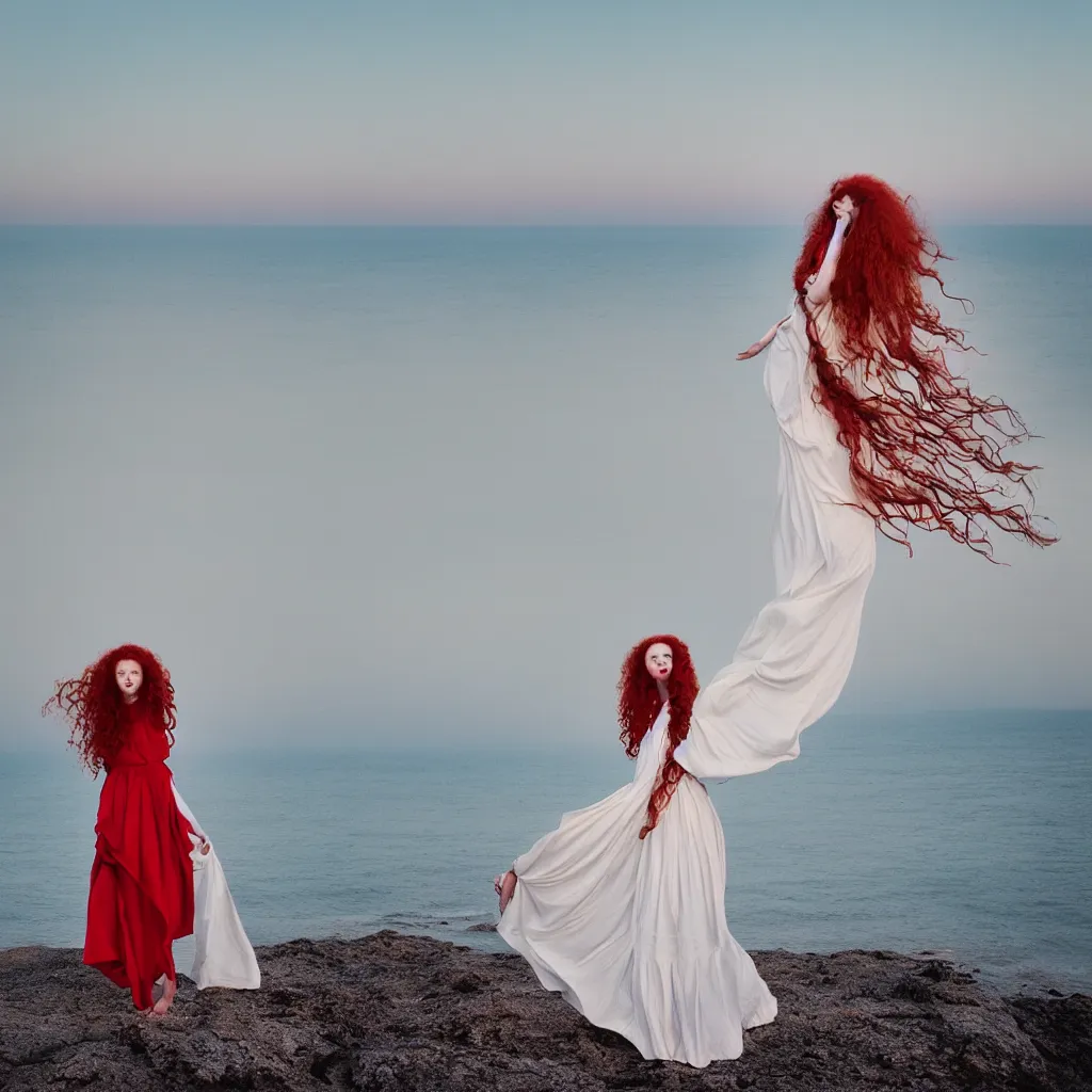 Image similar to a portrait photography of with red long curly hair and full body dress in white by Flora Borsi, stand up with the sea behind, soft sunset lighting, pastel colors scheme, fine art photography, dramatic backgroung, 50 mm sigma art
