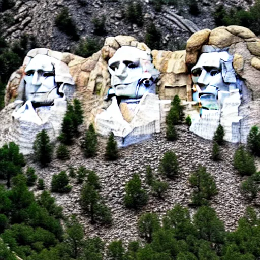 Image similar to a photo of mount rushmore after donald trump's face had been added. the photo depicts a distinguished - looking donald trump face carved into the stone at the mountain top